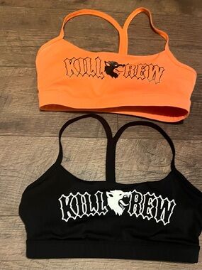 Kill Crew Orange and Black Logo Racerback Sports Bras